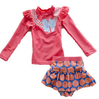 欧伦萨 户外运动带帽女童游泳衣中小童女孩分体宝宝泳衣儿童分体长袖温泉泳装