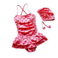 欧伦萨 户外运动儿童泳衣可爱小萝莉草莓连体裙式女中小童泳衣女宝宝带帽泳装C7F14