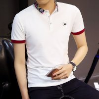 纯棉短袖T恤男2018夏季莱卡棉印花新款清凉透气条纹T恤男式立领polo