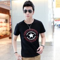纯棉短袖T恤男2018夏季莱卡棉印花五角星新款清凉透气条纹男式圆领T
