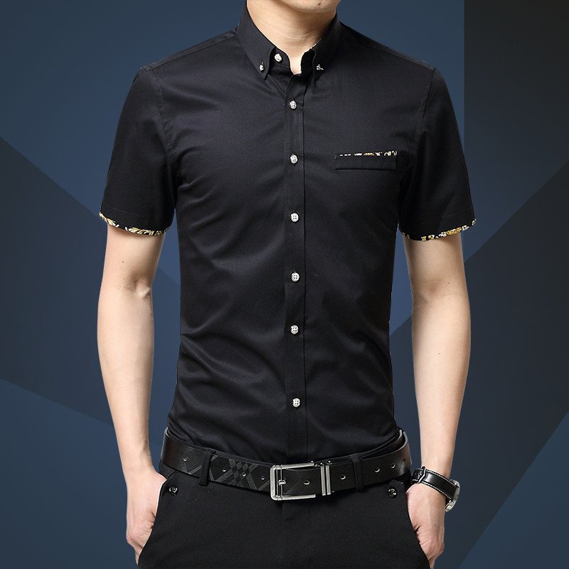 至行夏季新款韩版时尚休闲修身短袖衬衫男士印花绣花衬衫