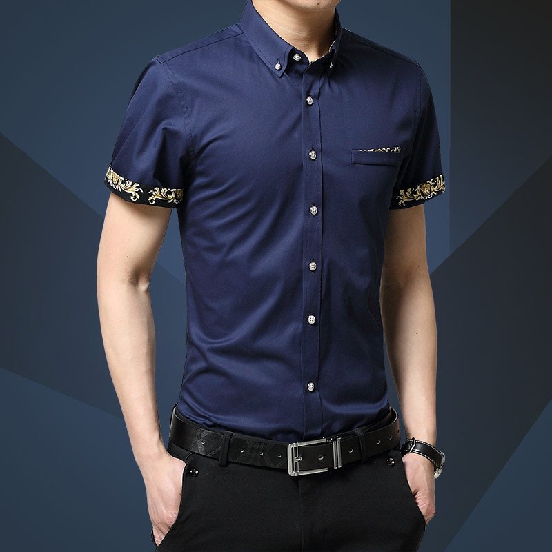 至行夏季新款韩版时尚休闲修身短袖衬衫男士印花绣花衬衫