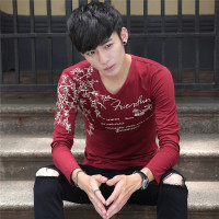 至行秋季新款男式V领纯棉长袖T恤 潮流韩版品牌T恤 印花时尚打底衫