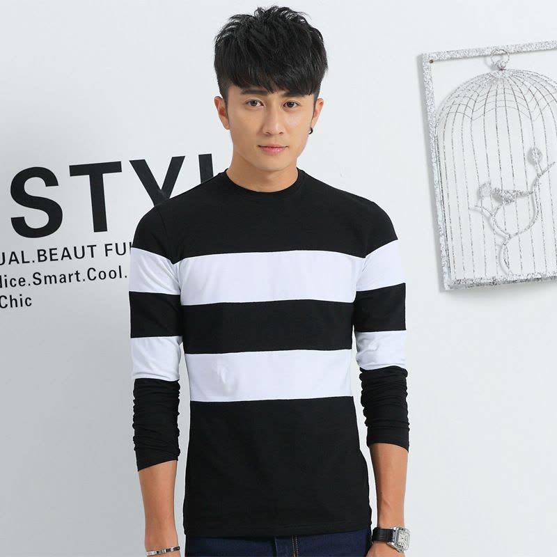 纯棉短袖T恤男2018夏季莱卡棉印花新款清凉透气条纹韩版男式圆领T图片