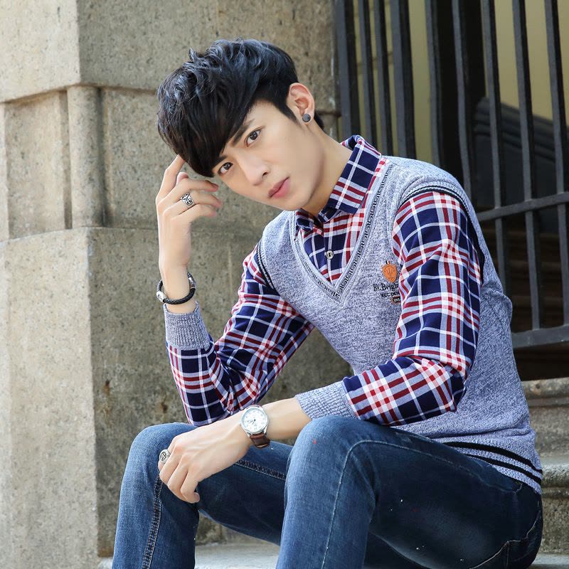至行2016秋冬新款男装假2件毛衣青年韩版修身衬衫领男士学生毛线衣图片