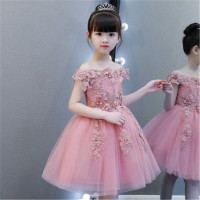迪鲁奥（DILUAO)一字肩女童婚纱蓬蓬纱粉色小孩儿童生日礼服公主裙花童钢琴演出服