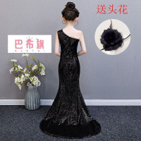 迪鲁奥(DILUAO)女童晚礼服时尚拉链拖尾T台时装走秀儿童小主持人鱼尾模特演出服 黑色(单肩拖尾)