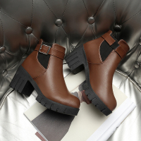 迪鲁奥(DILUAO)秋冬2021防滑耐磨一字扣纯色简约季女英伦风裸靴子女靴韩版百搭粗跟切尔西中跟(3-5厘米)女鞋