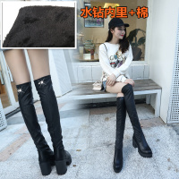 迪鲁奥(DILUAO)弹力过膝瘦瘦靴女长靴子2021秋冬百搭粗跟防滑耐磨稳固气质直筒街拍淑女长筒皮靴高跟圆头马丁靴