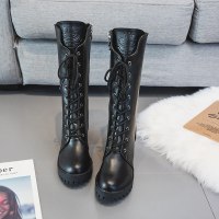 迪鲁奥(DILUAO)靴子女2021新款时尚休闲舒适秋冬粗跟高跟中筒靴英伦风个性百搭瘦脚马丁靴透气轻便直筒机车靴1 黑色