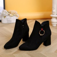 迪鲁奥(DILUAO)2021秋女靴子英伦时尚磨砂经典简约纯色质感金属环扣绒面短靴圆高跟鞋粗跟百搭防滑马丁靴女鞋 圆扣款