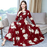 迪鲁奥(DILUAO)妈妈款连衣裙女2021早秋新款阔太太碎花大码长袖碎摆雪纺长裙