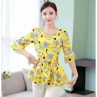 迪鲁奥(DILUAO)碎花雪纺衫短袖女中长款很仙的洋气通勤上衣蓬蓬下摆收腰小衫