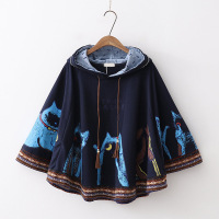 迪鲁奥(DILUAO)初中高中女秋装可爱连帽16宽松外套少女装萌妹斗篷披风上衣潮 藏青色 均码