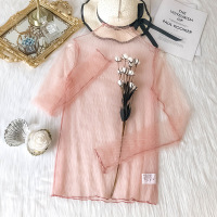 迪鲁奥(DILUAO)[渔网打底衫]网纱打底衫女修身型袖鱼网镂空透视杨幂同款渔网内搭网格蕾丝透明上衣