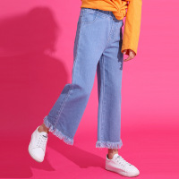 迪鲁奥(DILUAO)女童牛仔裤长裤春秋新款潮中大童洋气阔腿裤宽松版儿童休闲裤 蓝色