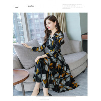 迪鲁奥（DILUAO)中年连衣裙2021新款春季秋款女装时尚拉链优雅气质淑女减龄收腰显瘦长袖过膝V领大码阔太太裙子