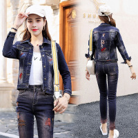 迪鲁奥(DILUAO)牛仔裤女2021秋季新款女装韩版女士秋装修身高腰刺绣牛仔套装女式秋天休闲时尚两件套显瘦春秋款 图片