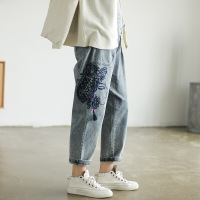 迪鲁奥（DILUAO)涂层牛仔布裤女秋季新款刺绣剪影流苏哈伦裤宽松文艺女裤 图片色