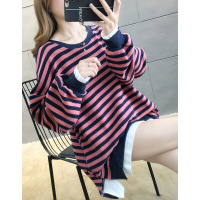 迪鲁奥(DILUAO)卫衣女款2021年秋季冬季新款大码女装韩版常规学生时尚条纹套头衫拼色上衣显瘦假两件慵懒风