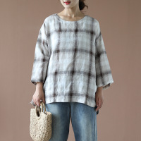 迪鲁奥（DILUAO)文艺复古秋季新款插肩袖女圆领宽松显瘦麻上衣潮