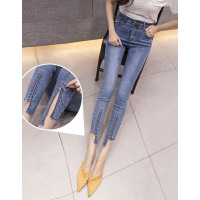 迪鲁奥（DILUAO)涂层牛仔布裤女2021年秋季装韩版高腰弹力修身九分裤不规则裤工装裤子 图片色