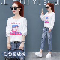 迪鲁奥(DILUAO)牛仔裤女套装九分裤2021新款韩版宽松显瘦长袖卫衣卡通动漫两件套