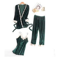 迪鲁奥(DILUAO)秋冬上新睡衣女春秋金丝绒宽松长袖家居服薄款睡袍三件套可外穿睡衣女秋冬2021