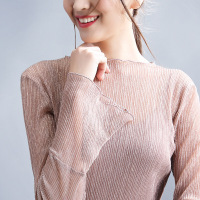 迪鲁奥(DILUAO)一字领边打底衫女长袖秋装2021新款网纱套头仙气质薄雪纺衫上衣