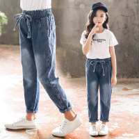 迪鲁奥(DILUAO)同款旗舰店女童牛仔裤女童牛仔裤女孩洋气2021新款秋小孩休闲宽松小脚儿童牛仔裤潮四季通用 浅蓝色