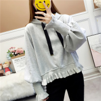 迪鲁奥(DILUAO)秋冬装新款通勤学生上衣短款高腰加绒卫衣女连帽厚灯笼袖纯色外套