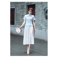 迪鲁奥(DILUAO)旗袍年轻款少女半身裙两件套复古女装中国风绣花民国学生唐装
