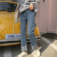 迪鲁奥(DILUAO)婚礼妈妈装喜婆婆秋冬女装百搭显瘦卷边裤全棉牛仔布裤九分裤撞色休闲裤 图片色