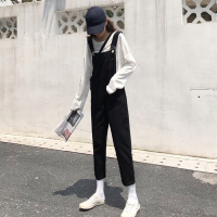 迪鲁奥(DILUAO)学生复古黑色涂层牛仔布裤2021女春装新款宽松休闲吊带裤子