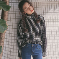 迪鲁奥(DILUAO)婚礼妈妈装喜婆婆秋冬女装宽松型百搭弹力高领袖条纹恤上衣打底衫学生基础款 白条纹 均码