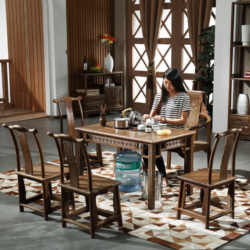 粤顺 红木家具鸡翅木茶桌 椅组合 全实木仿古功夫茶几 小八仙368