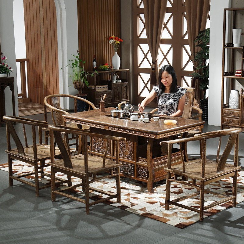 粤顺 红木茶桌椅组合 鸡翅木功夫茶几复古长方形茶桌实木家具331