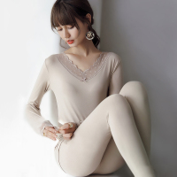 南极人(NanJiren)保暖内衣女套装打底衫无痕V领蕾丝秋衣秋裤修身长袖长裤美体纯色贴身睡衣