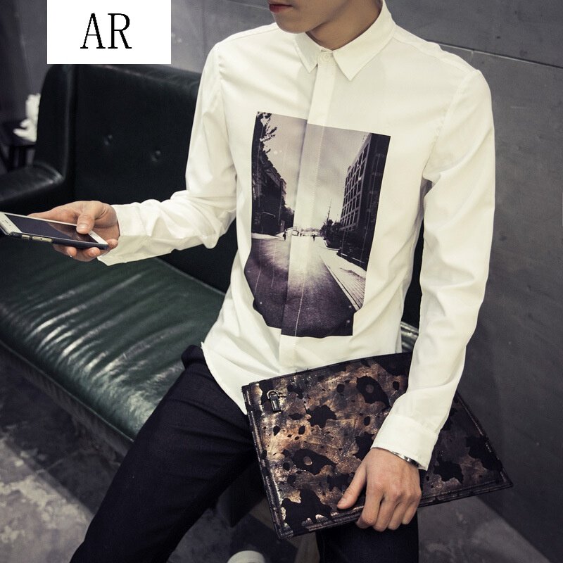 春季印花新款长袖衬衫男加肥加大码衬衣日系寸衣韩版休闲衬衣潮白色