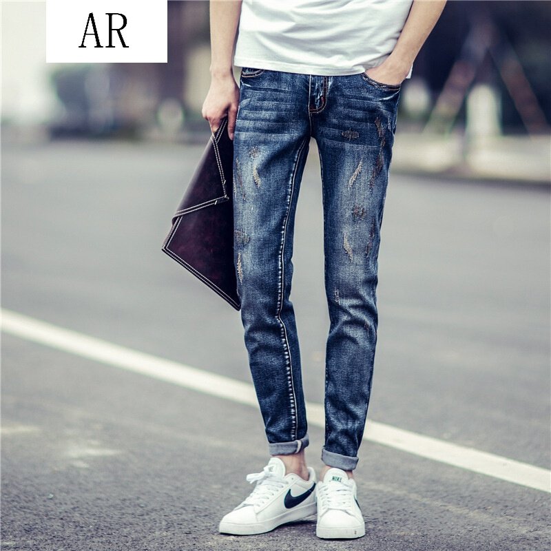 修身款牛仔裤男青少年弹力破洞小脚裤男青年休闲百搭长裤子潮蓝色