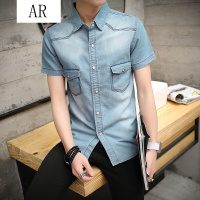 牛仔衬衫男2017夏季新款短袖牛仔衬衣外套洗水复古修身休闲男装