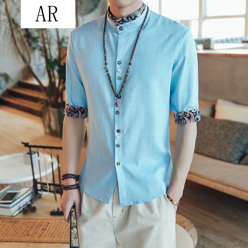 亚麻衬衫男韩版男立领衬衫男民族拼色棉麻衬衫男士棉麻衬衫男