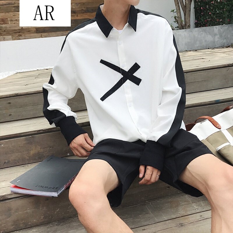 秋装潮牌上衣GD权志龙同款长袖黑白撞色休闲宽松衬衫男士韩版时尚个性衬衣潮学生帅气衣服