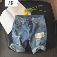 韩版五分裤青少年时尚潮流中裤个性贴布破洞牛仔裤2017夏季新款男士休闲宽松直筒裤子潮