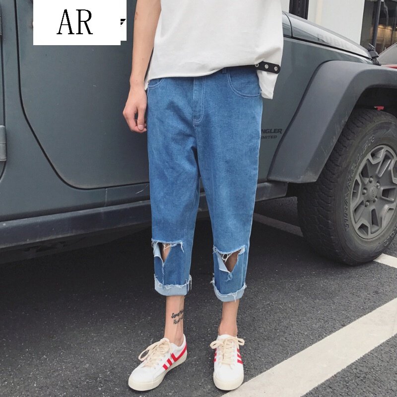夏季新款大破洞纯色牛仔裤青少年休闲宽松薄款七分裤子男潮学生韩版百搭哈伦裤王俊凯同款蓝