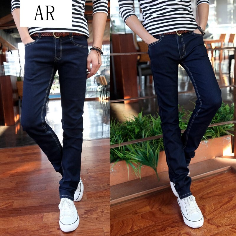 男士深蓝牛仔裤2017秋季新款直筒修身韩版百搭时尚潮流男裤子深蓝色