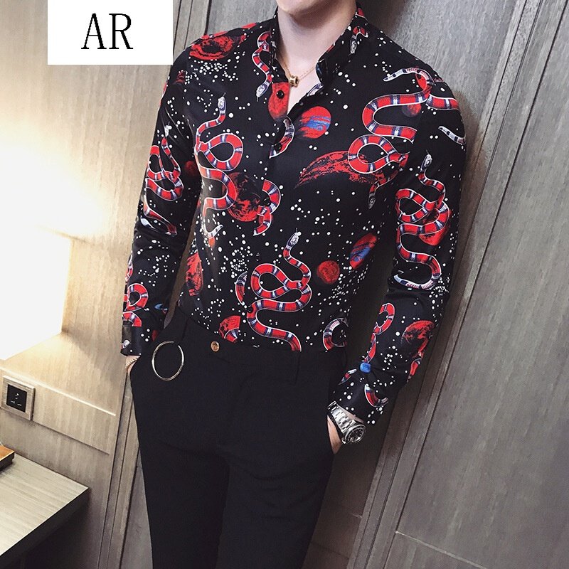 时尚潮流英伦修身衬衫17秋季新款韩版青年发型师男士休闲百搭夜店衬衫