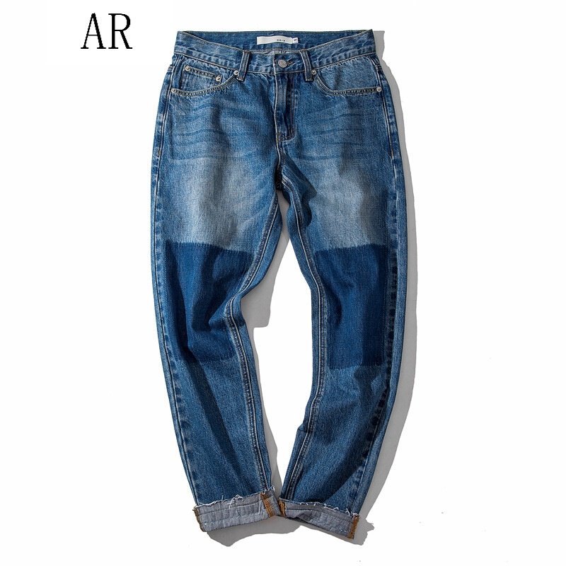 17夏装新款潮流擦花水洗哈伦牛仔裤裤脚毛边九分男裤潮蓝色