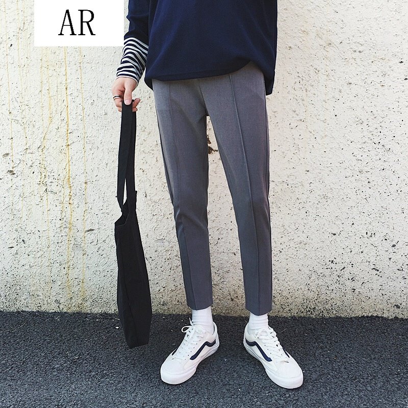 夏季新款个性男士纯色休闲裤文艺青少年潮男百搭直筒小脚裤九分西裤潮灰色