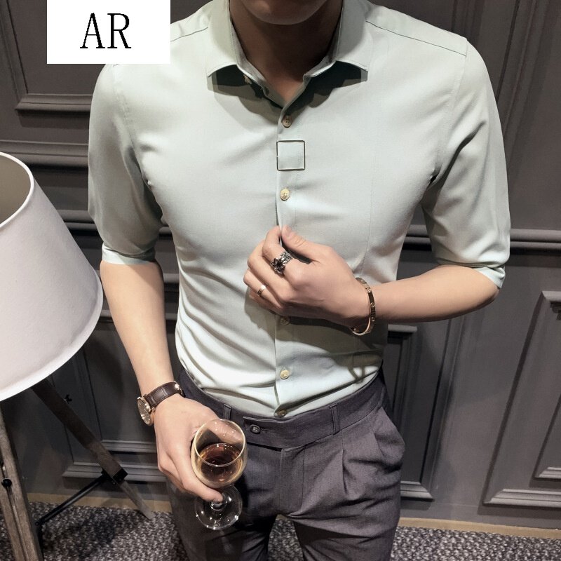 青少年夏季帅气金属装饰五分袖衬衫男士韩版紧身潮流修身衬衣发型师夜店衣服